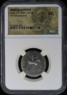 Azes I/Ii, After C.58 Bc Indo-Scythians Ar Tetradrachm Ngc Vg: Certification: NGC Grade: VG Certification Number: 4374346001 Denomination: Ancient Greek Product Disclaimer: Grades are third-party opinions; authenticity is guaranteed. Photos are part of the descri
