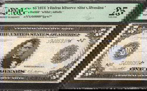 1914 $5 Federal Reserve Star Note Cleveland Fr. 859* Pmg Vf 25 Very Fine (068*): Certification: PMG Grade: 25 Series Year: 1914 Year: 1914 Circulated/Uncirculated: Circulated Country: United States Category: Federal Reserve Notes Serial No. : D488068* Certification Number: 2295703