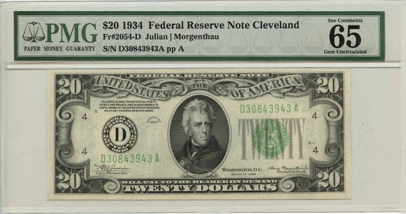 1934 $20 Federal Reserve Note Cleveland Oh Pmg Gem65 Epq Mule: Certification: PMG Certification Number: 1004764048 Grade: MS65 Circulated/Uncirculated: Uncirculated Denomination: Federal Reserve Note Type: 2054-D Year: 1934 Product Disclaimer: Grades are third-pa