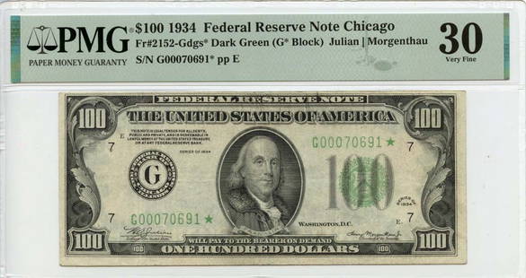 1934 $100 Federal Reserve Note Chicago Il Fr# 2152-Gdgs* Pmg Vf30: Certification: PMG Certification Number: 2023456084 Grade: VF30 Circulated/Uncirculated: Circulated Denomination: Federal Reserve Note Type: 2152* Year: 1934 Product Disclaimer: Grades are third-party