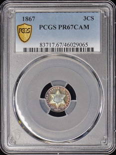 1867 3Cs Three Cent Silver Pcgs Pr67Cam: Certification: PCGS Certification Number: 46029065 Grade: PR67 Year: 1867 Circulated/Uncirculated: Uncirculated Strike Type: Proof Mint Location: Philadelphia Designation: CAM Denomination Type: Three