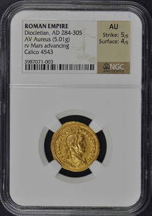 Diocletian, Ad 284-305 Roman Empire Av Aureus Ngc Au50: Certification: NGC Grade: AU50 Certification Number: 3987071003 Denomination: Ancient Roman Date: NONE Product Disclaimer: Grades are third-party opinions; authenticity is guaranteed. Photos are part