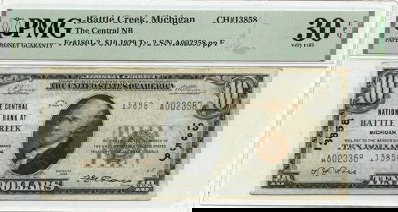 1929 $10 Ty2 Central National Bank Battle Creek Mi Ch#13858 Pmg Vf30 Epq: Year: 1929 Grade: VF30 Certification: PMG Circulated/Uncirculated: Circulated Certification Number: 2023451008 Product Disclaimer: Grades are third-party opinions; authenticity is guaranteed. Photos a