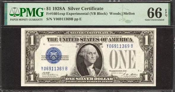 1928 A $1 Experimental Silver Certificate Fr.1601Exp Y-B Block Pmg 66 Epq (369B): Certification: PMG Grade: 66 Series Year: 1928 Year: 1928 Circulated/Uncirculated: Circulated Country: United States Category: Small Silver Certificates Serial No. : Y06911369B Certification Number: 2