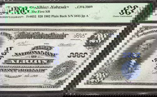 1902 $20 First National Banknote Currency Fr.652 Albion Nebraska Pmg 63 Cu (845): Certification: PMG Grade: 63 Series Year: 1902 Year: 1902 Circulated/Uncirculated: Circulated Country: United States Category: Third Charter Period Serial No. : 5845 Certification Number: 2019422-007