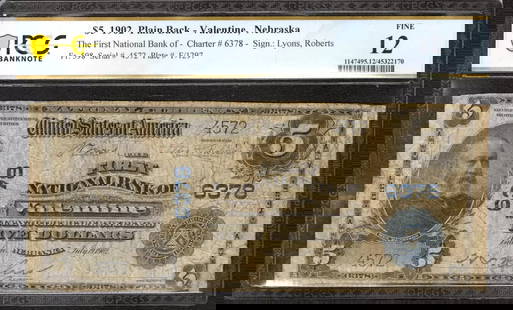 1902 Pb $5 First National Banknote Valentine Nebraska Fr.598 Pcgs 12 Fine (572): Certification: PCGS Grade: 12 Series Year: 1902 Year: 1902 Circulated/Uncirculated: Circulated Country: United States Category: Third Charter Period Serial No. : 4572 Certification Number: 45322170 De