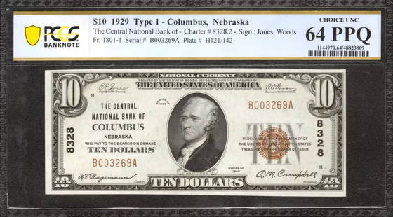 1929 $10 Central National Bank Note Columbus Nebraska Pcgs Ch Unc 64 Ppq (269A): Certification: PCGS Grade Designation: EPQ/PPQ Grade: 64 PPQ Series Year: 1929 Year: 1929 Circulated/Uncirculated: Circulated Country: United States Category: Small National Bank Notes Serial No. : B0