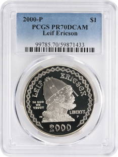 2000-P Leif Ericson Silver Commemorative Dollar Pr70Dcam Pcgs Proof 70 Deep Cam: Certification: PCGS Circulated/Uncirculated: Uncirculated Km Number: 313 Composition: Silver Year: 2000 Strike Type: Proof Grade: PR70 Denomination: Dollar Mint Location: P Features: Commemorative Pro