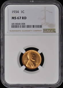1934 Wheat Reverse Lincoln Cent 1C Ngc Ms67Rd: Certification: NGC Certification Number: 6818068008 Grade: MS67 Year: 1934 Circulated/Uncirculated: Uncirculated Mint Location: Philadelphia Designation: RD Denomination Type: Lincoln Cent Grade Add O