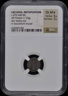 C.470-440 Bc Lucania, Metapontum Ar Triobol Ngc Xf45: Certification: NGC Certification Number: 3760469005 Denomination: Ancient Greek Grade: XF45 Date: NONE Product Disclaimer: Grades are third-party opinions; authenticity is guaranteed. Photos are part