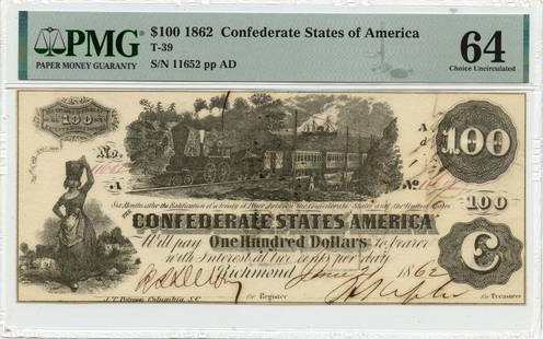 1862 $100 Confederate States Of America Pmg Ch64 T-39: Certification: PMG Certification Number: 2202724010 Grade: MS64 Circulated/Uncirculated: Uncirculated Denomination: Confederate States of America Product Disclaimer: Grades are third-party opinions; a