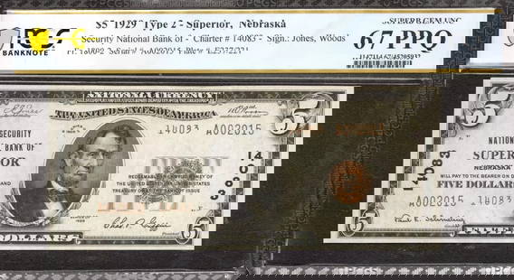 1929 $5 Security National Banknote Currency Superior Nebraska Pcgs 67 Unc (015): Certification: PCGS Grade Designation: EPQ/PPQ Grade: 67 PPQ Series Year: 1929 Year: 1929 Circulated/Uncirculated: Circulated Country: United States Category: Small National Bank Notes Serial No. : A0
