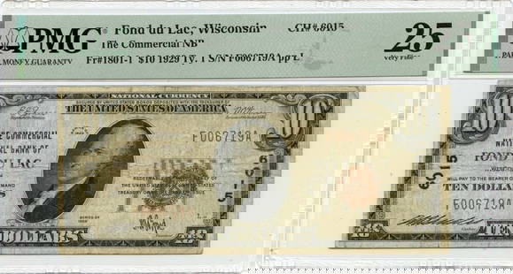 1929 Ty.1 $10 Commercial Natl' Bank Fond Du Lac Wi Ch#6015 Pmg Vf25: Denomination: 1801-1 Year: 1929 Grade: VF25 Certification: PMG Circulated/Uncirculated: Circulated Certification Number: 2196655030 Product Disclaimer: Grades are third-party opinions; authenticity is