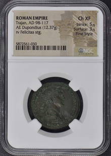Trajan, Ad 98-117 Roman Empire Ae Dupondius Ngc Xf45: Certification: NGC Grade: XF45 Certification Number: 5872561030 Denomination: Ancient Roman Date: NONE Product Disclaimer: Grades are third-party opinions; authenticity is guaranteed. Photos are part