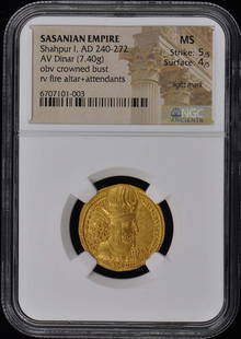 Shahpur I, Ad 240-272 Sasanian Empire Av Dinar Ngc Ms60 Crowned Bust Fire Altar: Certification: NGC Grade: MS60 Certification Number: 6707101003 Denomination: Ancient Roman Date: NONE Product Disclaimer: Grades are third-party opinions; authenticity is guaranteed. Photos are part