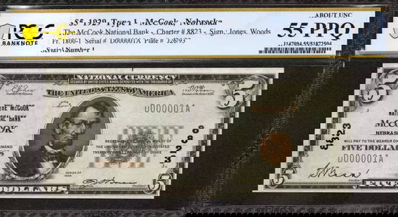 1929 $5 Mccook National Bank Note Nebraska Pcgs Au 55 Ppq - Low Serial #1 (001A): Certification: PCGS Grade Designation: EPQ/PPQ Grade: 55 PPQ Series Year: 1929 Year: 1929 Circulated/Uncirculated: Circulated Country: United States Category: Small National Bank Notes Serial No. : D0