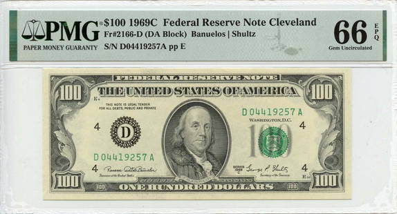 1969C $100 Federal Reserve Note Cleveland Fr# 2166-D Pmg Gem 66 Epq: Certification: PMG Certification Number: 2078751039 Grade: MS66 Circulated/Uncirculated: Uncirculated Denomination: Federal Reserve Note Type: 2166-D Year: 1969 Product Disclaimer: Grades are third-pa