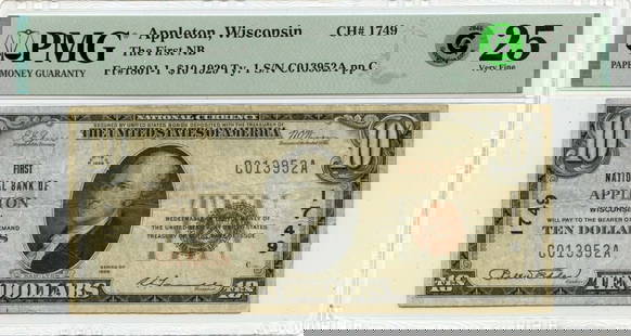 1929 Ty.1 $10 National Bank Appleton Wi Ch# 1749 Pmg Vf25 Gcc Green: Denomination: 1801-1 Year: 1929 Grade: VF25 Certification: PMG Circulated/Uncirculated: Circulated Certification Number: 2196655026 Product Disclaimer: Grades are third-party opinions; authenticity is