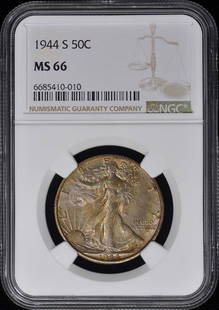 1944-S Walking Liberty Half Dollar 50C Ngc Ms66: Certification: NGC Certification Number: 6685410010 Grade: MS66 Year: 1944 Circulated/Uncirculated: Uncirculated Mint Location: San Francisco Designation: NONE Denomination Type: Walking Liberty Half