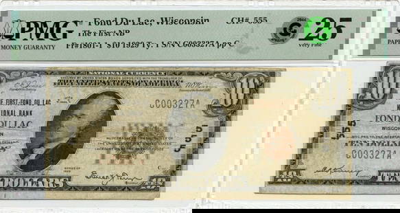 1929 Ty. 1 $10 Fond Du Lac Wi National Bank Ch# 555 Pmg Vf25 Gcc Green: Denomination: 1801-1 Year: 1929 Grade: VF25 Certification: PMG Circulated/Uncirculated: Circulated Certification Number: 2196655033 Product Disclaimer: Grades are third-party opinions; authenticity is