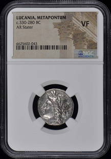 C.330-280 Bc Lucania, Metapontum Ar Stater Ngc Vf20: Certification: NGC Certification Number: 6625602043 Denomination: Ancient Greek Grade: VF20 Date: NONE Product Disclaimer: Grades are third-party opinions; authenticity is guaranteed. Photos are part