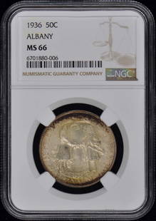 Albany 1936 Silver Commemorative 50C Ngc Ms66: Certification: NGC Certification Number: 6701880006 Grade: MS66 Year: NONE Denomination: Albany 50c Circulated/Uncirculated: Uncirculated Mint Location: Philadelphia Designation: NONE Grade Add On: NO