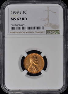 1939-S Wheat Reverse Lincoln Cent 1C Ngc Ms67Rd: Certification: NGC Certification Number: 6818068001 Grade: MS67 Year: 1939 Circulated/Uncirculated: Uncirculated Mint Location: San Francisco Designation: RD Denomination Type: Lincoln Cent Grade Add