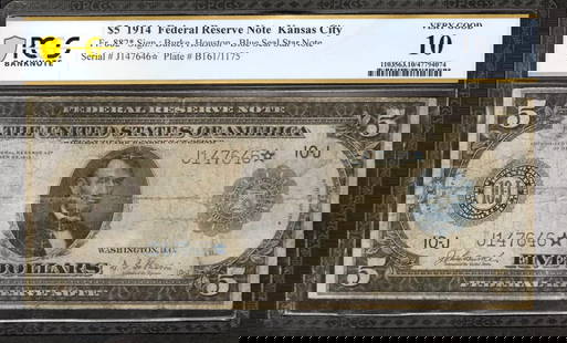 1914 $5 Federal Reserve Star Note Fr.882* Kansas City Pcgs Vg 10 Very Good (646*: Certification: PCGS Grade: 10 Series Year: 1914 Year: 1914 Circulated/Uncirculated: Circulated Country: United States Category: Federal Reserve Notes Serial No. : J147646* Certification Number: 477940
