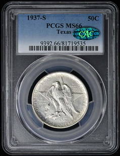 Texas 1937-S 50C Silver Commemorative Half Dollar Pcgs Ms66 (Cac): Certification: PCGS Certification Number: 81719535 Grade: MS66 Year: 1937 Denomination: Texas 50c Circulated/Uncirculated: Uncirculated Mint Location: San Francisco Designation: NONE Grade Add On: CAC