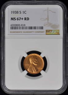 1938-S Wheat Reverse Lincoln Cent 1C Ngc Ms67+Rd: Certification: NGC Certification Number: 6332832010 Grade: MS67+ Year: 1938 Circulated/Uncirculated: Uncirculated Mint Location: San Francisco Designation: RD Denomination Type: Lincoln Cent Grade Add