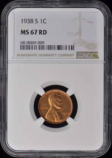 1938-S Wheat Reverse Lincoln Cent 1C Ngc Ms67Rd: Certification: NGC Certification Number: 6818069009 Grade: MS67 Year: 1938 Circulated/Uncirculated: Uncirculated Mint Location: San Francisco Designation: RD Denomination Type: Lincoln Cent Grade Add