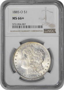 1885-O Morgan Silver Dollar Ms66+ Ngc: Certification: NGC Circulated/Uncirculated: Uncirculated Year: 1885 Composition: 90% Silver 10% Copper Mint Location: New Orleans Km Number: 110 Denomination: $1 Grade: MS66 Coin: Morgan Designer: Geo
