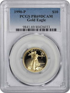 1990-P $10 American Gold Eagle Pr69Dcam Pcgs: Certification: PCGS Precious Metal Content Per Unit: 1/4 oz Coin: American Buffalo Year: 1990 Strike Type: Proof Grade: PR69 Fineness: 0.9999 Composition: 91.67% Gold 3% Silver 5.33% Copper Designer: