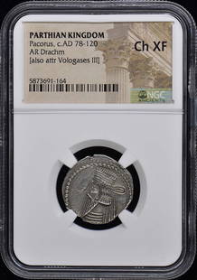 Pacorus, C.Ad 78-120 Parthian Kingdom Ar Drachm Ngc Xf45: Certification: NGC Grade: XF45 Certification Number: 5873691164 Date: NONE Product Disclaimer: Grades are third-party opinions; authenticity is guaranteed. Photos are part of the description. For inqu