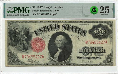 1917 $1 Legal Tender Pmg Vf25 Epq Fr#39 Gcc Green: Circulated/Uncirculated: Circulated Certification: PMG Certification Number: 2202724025 Grade: VF25 Grade Designation: EPQ Year: 1917 Product Disclaimer: Grades are third-party opinions; authenticity