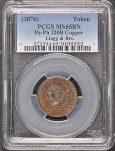 1876 Libertas Americana Token Pcgs Ms65Bn Pa-Ph 220B Copper Lingg Bro.: Circulated/Uncirculated: Uncirculated Grading Service: PCGS Certification Number: 30500002 Grade: MS65 Year Of Issue: 1876 Product Disclaimer: Grades are third-party opinions; authenticity is guarante