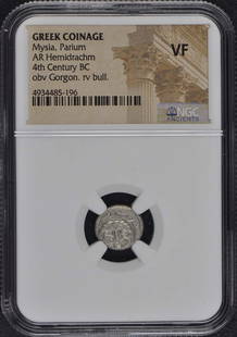 4Th Century Bc Mysia Parium Ar Hemidrachnm Ngc Vf25: Certification: NGC Certification Number: 4934485196 Denomination: Ancient Greek Grade: VF25 Date: NONE Product Disclaimer: Grades are third-party opinions; authenticity is guaranteed. Photos are part