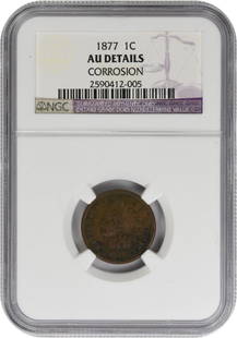 1877 Indian Cent Au Details - Corrosion Ngc: Certification: NGC Circulated/Uncirculated: Circulated Year: 1877 Mint Location: Philadelphia Km Number: 90a Denomination: Small Cent Grade: AU Composition: 95% Copper 5% Tin and Zinc Coin: Indian Hea