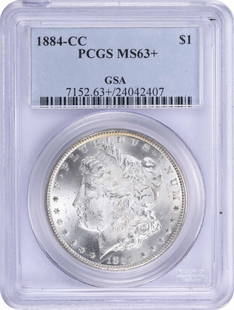 1884-Cc Morgan Silver Dollar Ms63+ Pcgs: Certification: PCGS Circulated/Uncirculated: Uncirculated Year: 1884 Composition: 90% Silver 10% Copper Mint Location: Carson City Km Number: 110 Denomination: $1 Grade: MS63 Coin: Morgan Designer: Ge