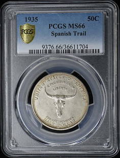 Spanish Trail 1935 50C Silver Commemorative Pcgs Ms66: Certification: PCGS Certification Number: 36611704-1 Grade: MS66 Year: 1935 Denomination: Spanish Trail 50c Circulated/Uncirculated: Uncirculated Mint Location: Philadelphia Designation: NONE Grade Ad