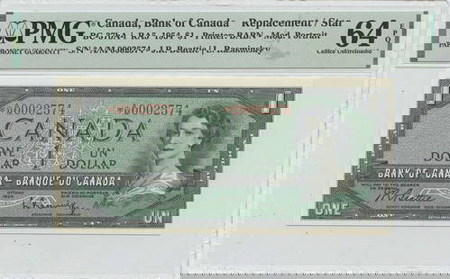 1954 $1 Bank Of Canada A/M Replacement Star Bc-37Ba-I Pmg Ch64 Epq: Circulated/Uncirculated: Uncirculated Certification: PMG Certification Number: 1860156004 Grade: MS64 Product Disclaimer: Grades are third-party opinions; authenticity is guaranteed. Photos are part o
