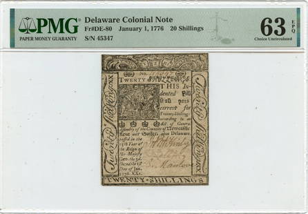 1776 January 1, 20 Shillings Delaware Colonial Note Pmg Cu63 Epq De-80: Certification: PMG Certification Number: 2307941003 Grade: MS63 Circulated/Uncirculated: Uncirculated Denomination: Colonial Currency Product Disclaimer: Grades are third-party opinions; authenticity