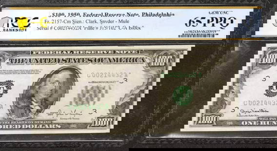 1950 $100 Federal Reserve Note Philadelphia Fr.2157-Cm Mule Pcgs B Gem 65 Ppq: Certification: PCGS Grade Designation: EPQ/PPQ Grade: 65 PPQ Series Year: 1950 Year: 1950 Circulated/Uncirculated: Circulated Country: United States Category: Small Size $100 Federal Reserve Notes Ser