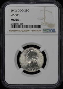 1943 Ddo Washington Quarter Vp-005 25C Ngc Ms65: Certification: NGC Certification Number: 6898008035 Grade: MS65 Year: 1943 Circulated/Uncirculated: Uncirculated Mint Location: NONE Designation: NONE Grade Add On: NONE Product Disclaimer: Grades are