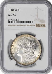 1884-O Morgan Silver Dollar Ms66 Ngc: Certification: NGC Circulated/Uncirculated: Uncirculated Year: 1884 Composition: 90% Silver 10% Copper Mint Location: New Orleans Km Number: 110 Denomination: $1 Grade: MS66 Coin: Morgan Designer: Geo