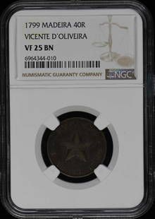 1799 Madeira 40 Reis Vicente D'Oliveira Ngc Vf25 Bn: Circulated/Uncirculated: Circulated Year: 1799 Certification: NGC Certification Number: 6964344010 Grade: VF25 Product Disclaimer: Grades are third-party opinions; authenticity is guaranteed. Photos a