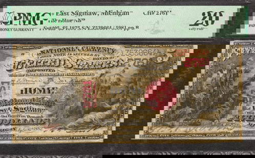 1875 $5 Home National Banknote Currency East Saginaw Michigan Pmg 20 Vf (664): Certification: PMG Grade: 20 Series Year: 1875 Year: 1875 Circulated/Uncirculated: Circulated Country: United States Category: First Charter Period Serial No. : Z539664 / 5981 Certification Number: 21