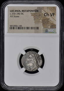 C.330-280 Bc Lucania, Metapontum Ar Stater Ngc Vf30: Certification: NGC Certification Number: 5872806100 Denomination: Ancient Greek Grade: VF30 Date: NONE Product Disclaimer: Grades are third-party opinions; authenticity is guaranteed. Photos are part