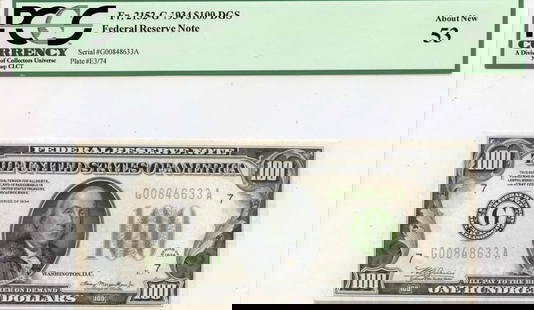 1934 $100 Federal Reserve Note Chicago Il Fr#2152-G Pcgs Au53: Certification: PCGS Currency Certification Number: 80037076 Grade: AU53 Circulated/Uncirculated: Circulated Denomination: Federal Reserve Note Type: 2152-G Year: 1934 Product Disclaimer: Grades are th