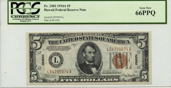 1934A $5 Hawaii Federal Reserve Notefr#2302 Pcgs Gem66 Ppq: Circulated/Uncirculated: Uncirculated Denomination: $1 Year: 1934 Grade: MS66 Certification: PCGS Currency Grade Designation: PPQ Certification Number: 80243389 Product Disclaimer: Grades are third-pa